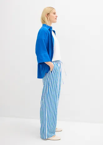 Pantaloni Marlene din amestec fluid de viscoză, culoare: albastru arctic-alb