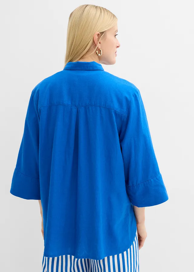 Overhemdblouse in een koele linnenmix, Kleur: arctisch blauw