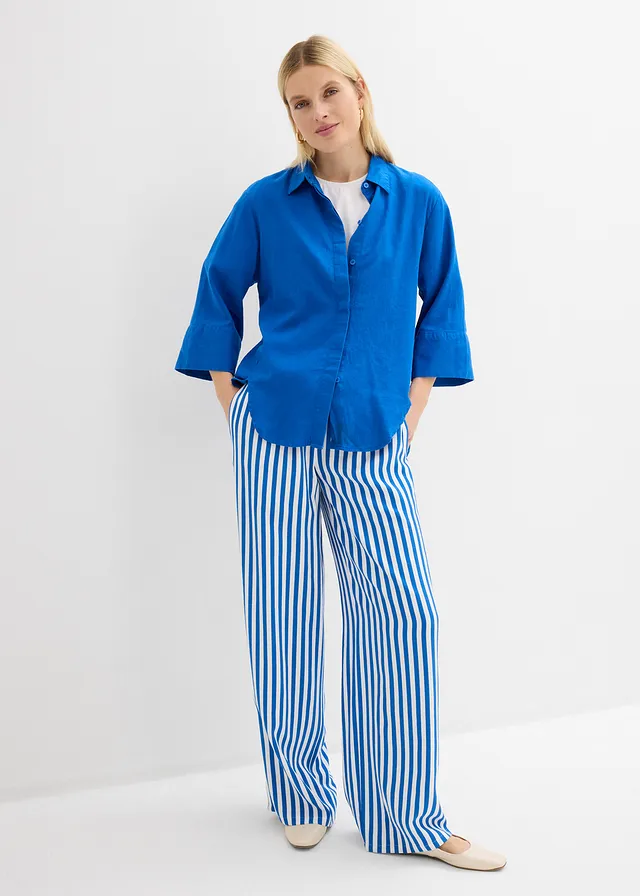 Overhemdblouse in een koele linnenmix, Kleur: arctisch blauw