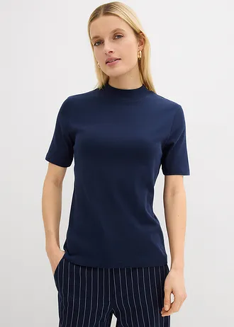 Geribd shirt van katoen, Kleur: donkerblauw