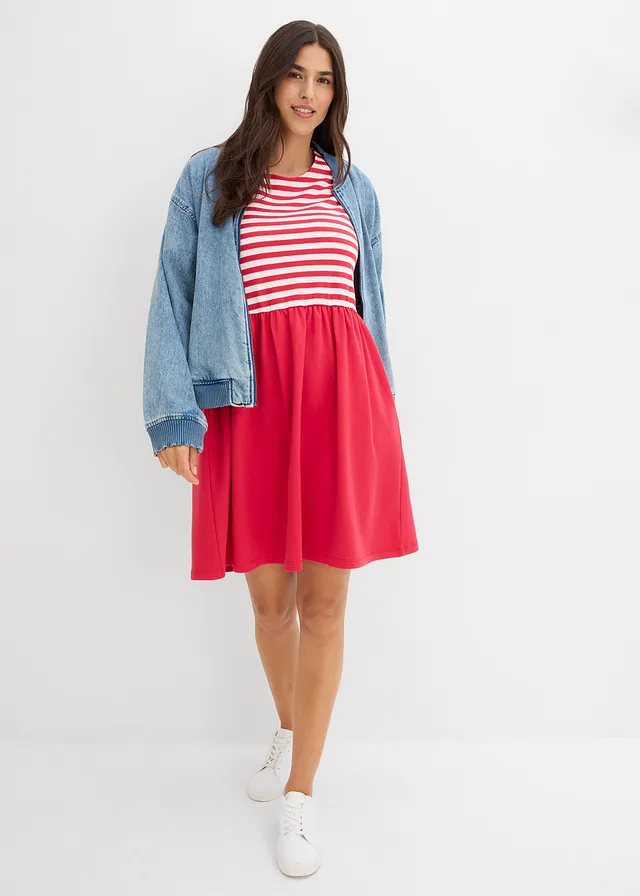 Robe en jersey 100% coton, Couleur: rouge-écru rayé