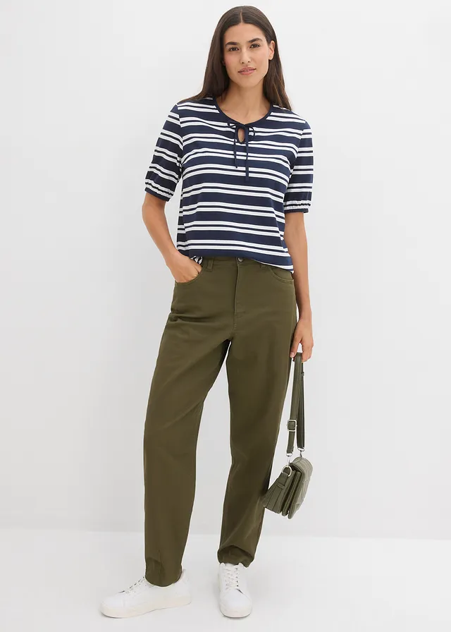 Pantalon barrel à taille élastiquée, Couleur: olive foncé