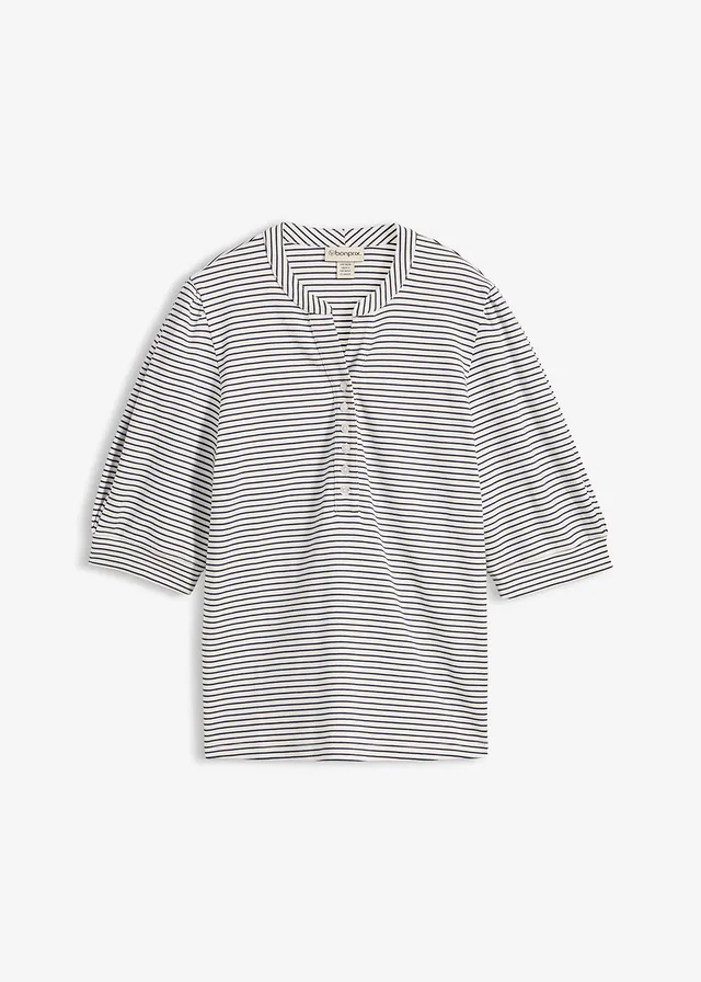 T-shirt 100% coton, Couleur: blanc nacré-bleu foncé rayé