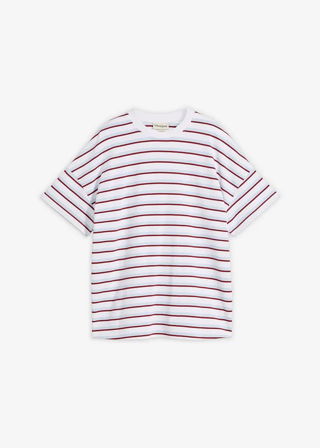 T-shirt 100% coton, Couleur: blanc-bleu poudré-rouge rubis