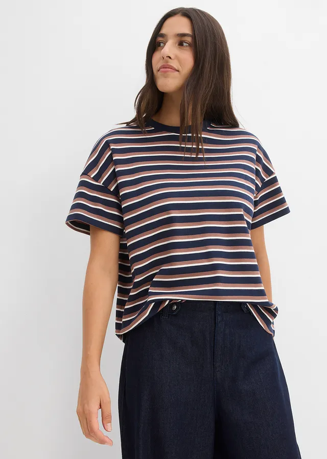 T-shirt 100% coton, Couleur: bleu foncé-marron-blanc nacré