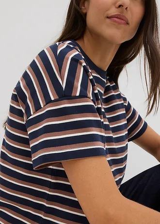 T-shirt 100% coton • bleu foncé-marron-blanc nacré • Boutique bonprix