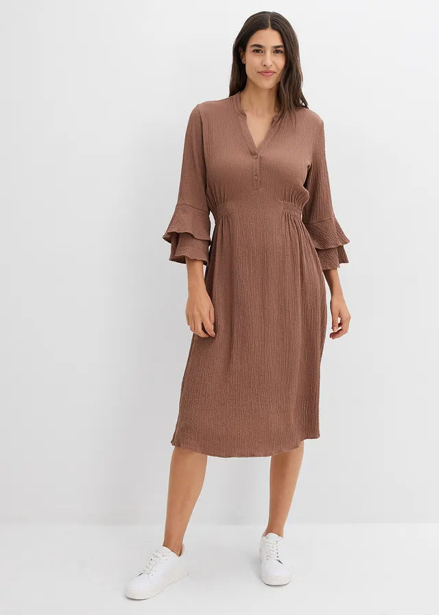 Jurk in een viscosemix, Kleur: kastanjebruin
