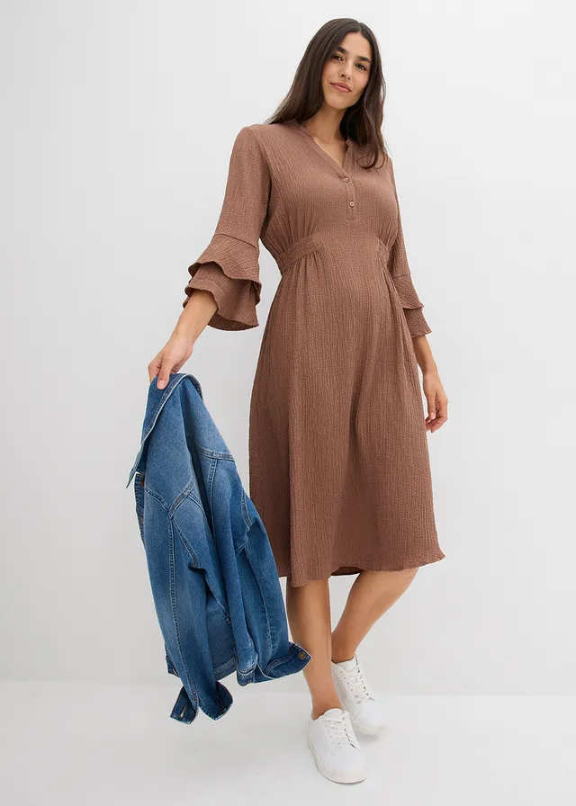 Jurk in een viscosemix, Kleur: kastanjebruin