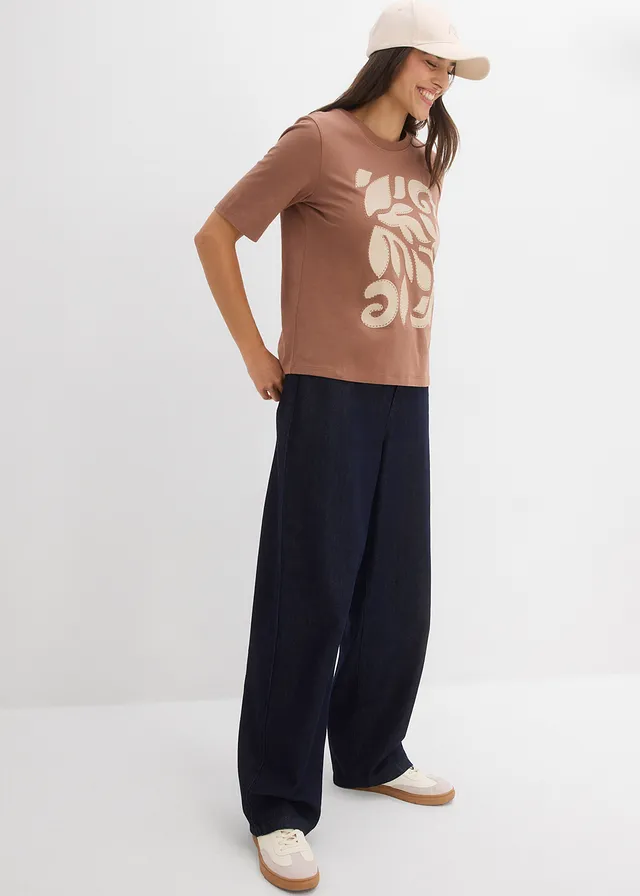 T-shirt 100% coton, Couleur: marron-sable clair imprimé