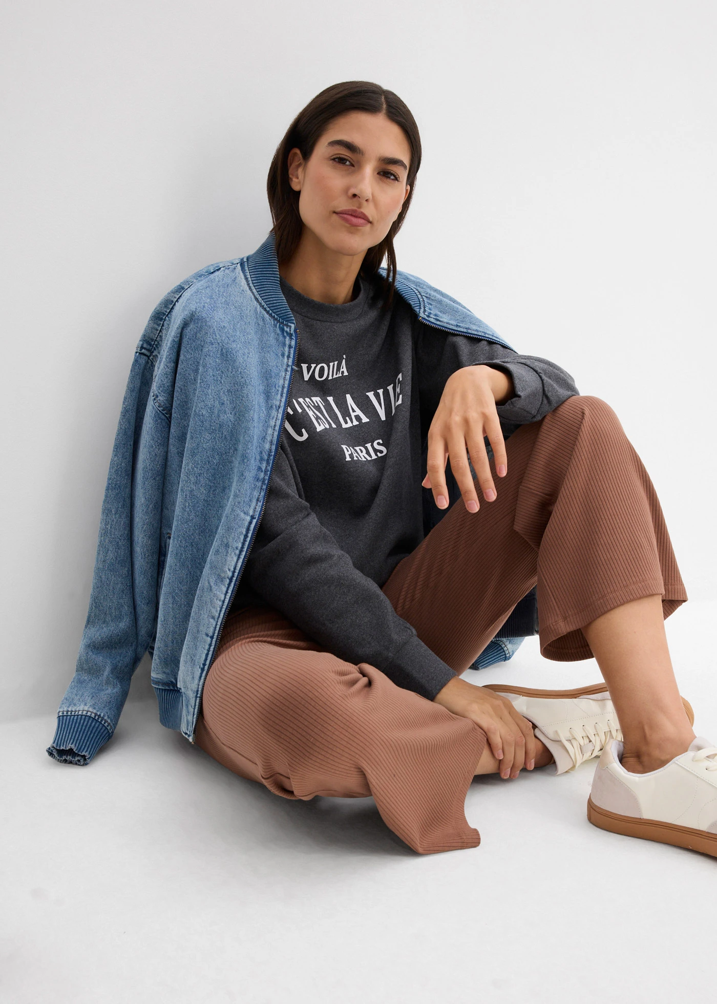 Legging évasé en matière côtelée, cropped • marron • Boutique bonprix