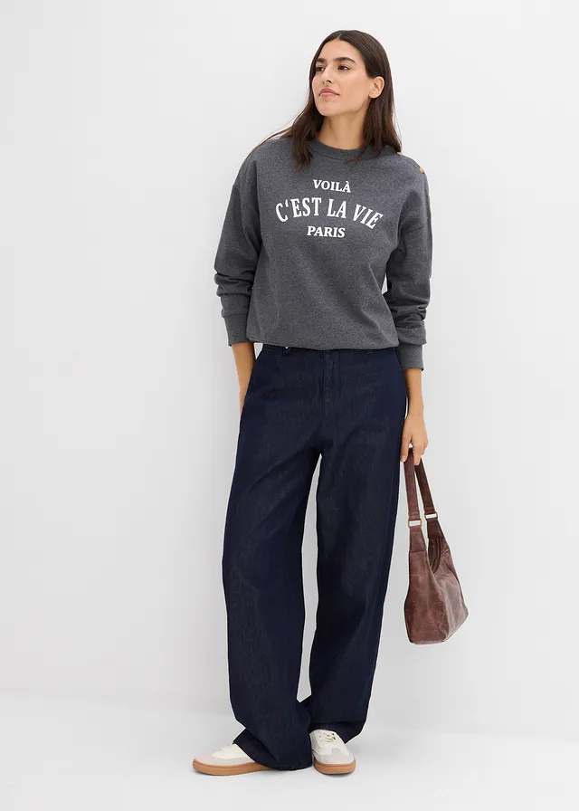 Sweater in een katoenmix, Kleur: grijs gemêleerd-wit