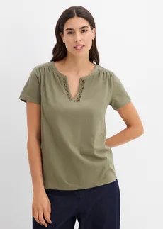Shirt met decoratieve halslijn, Kleur: olijfgroen