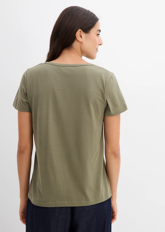 Póló dekoratív nyakkivágással, szín: olívazöld
