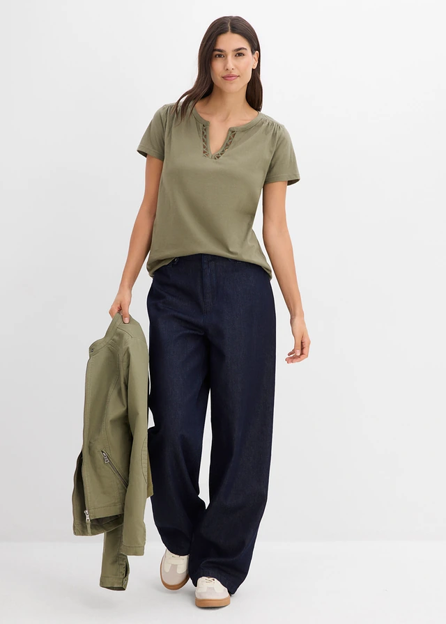 Shirt met decoratieve halslijn, Kleur: olijfgroen