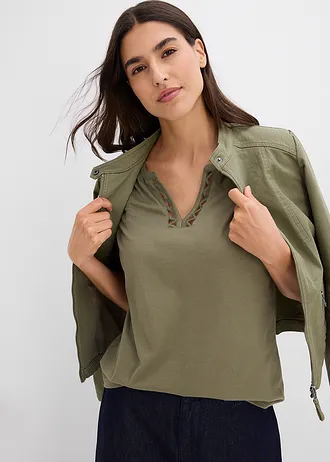 Shirt met decoratieve halslijn • olijfgroen • bonprix online shop