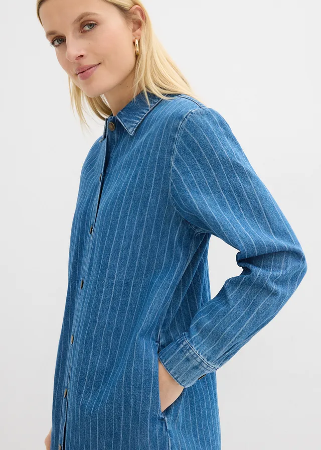 Hosszú ujjú, csíkos farmerruha, pamut • kék denim-csíkos • bonprix áruház