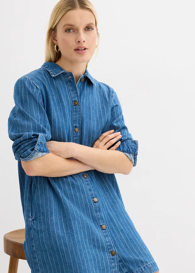 Džínové šaty s dlouhým rukávem a proužky, bavlna • modrý denim s proužky • bonprix obchod