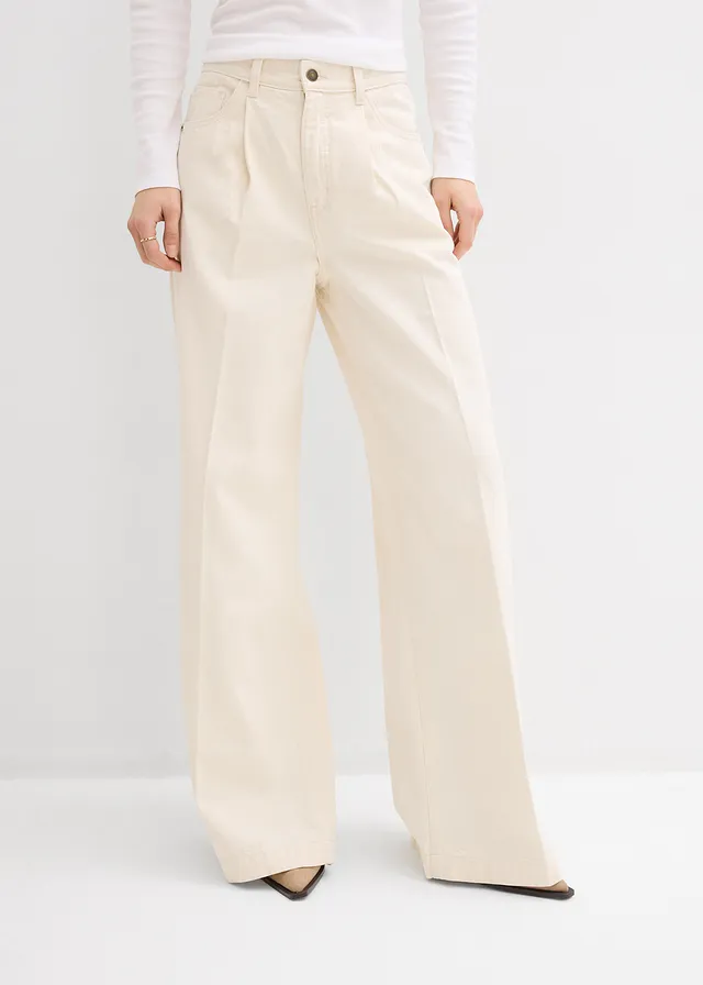 Super wide palazzo jeans van katoen, Kleur: ecru