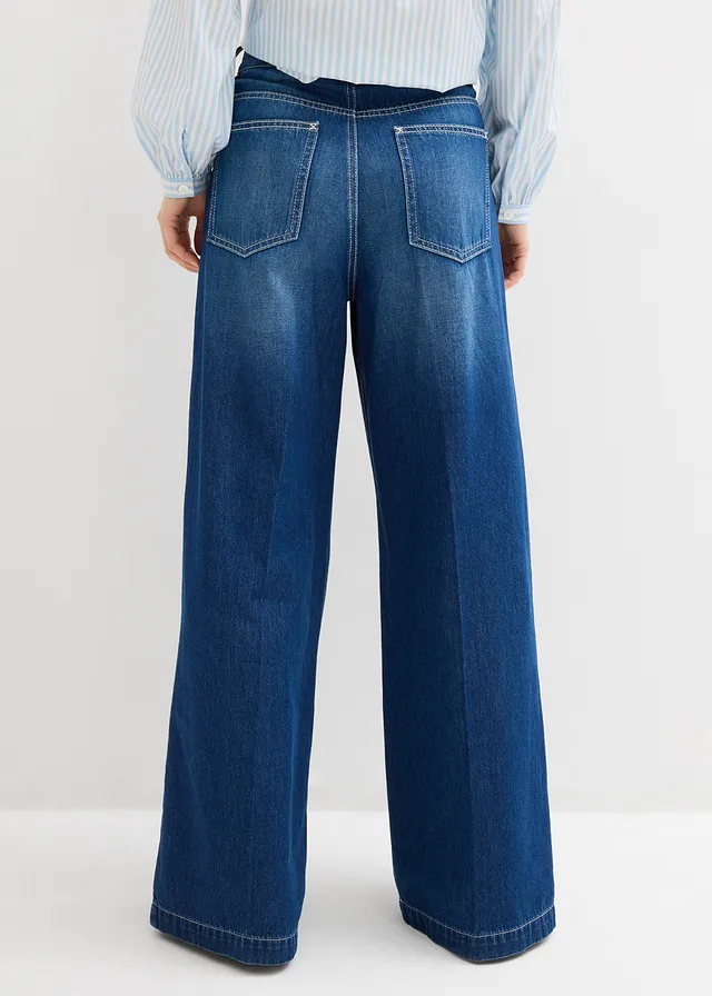 Super wide palazzo jeans van katoen, Kleur: donkerblauw denim used