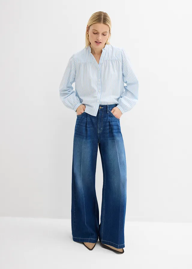 Super wide palazzo jeans van katoen, Kleur: donkerblauw denim used