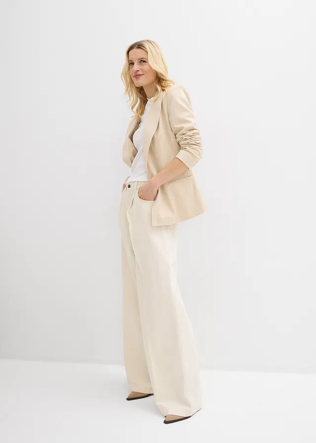 Super wide palazzo jeans van katoen, Kleur: ecru