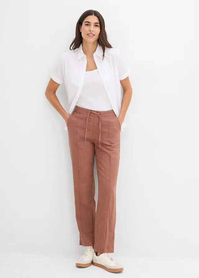 Broek van een linnen-viscose mix, Kleur: kastanjebruin