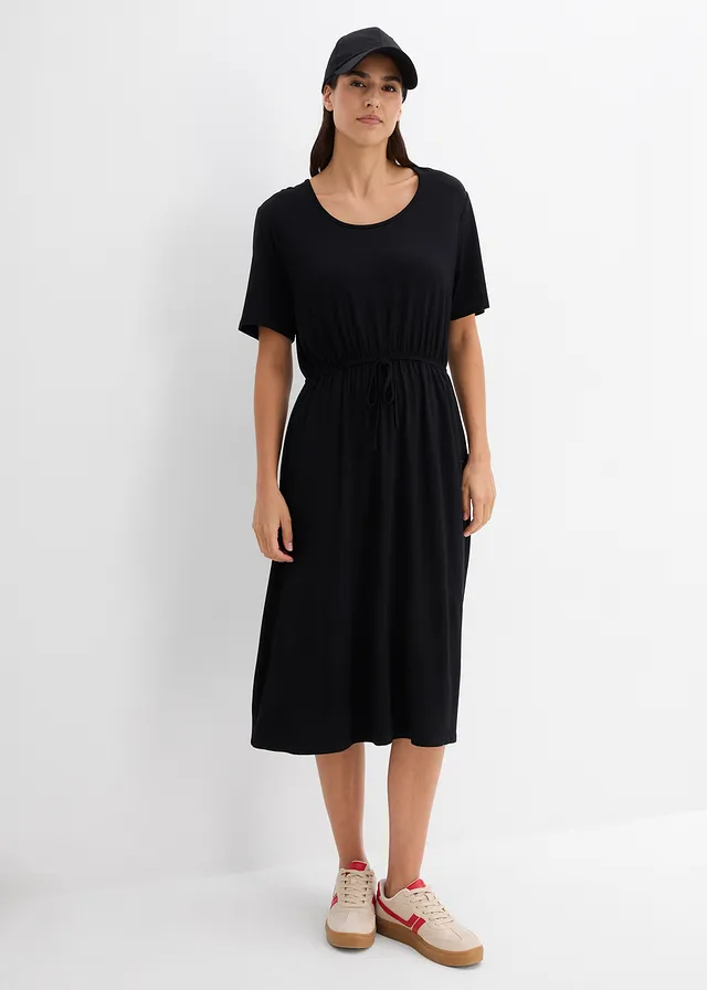Jersey jurk van soepelvallende viscose-mix, Kleur: zwart