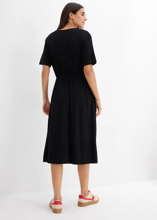 Jersey jurk van soepelvallende viscose-mix, Kleur: zwart