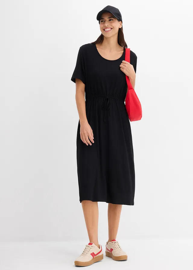 Jersey jurk van soepelvallende viscose-mix, Kleur: zwart
