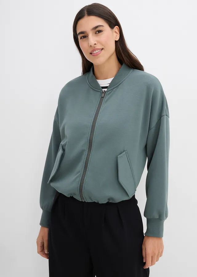 Oversized scuba bomber van een zachte viscose-mix, Kleur: eucalyptusgroen