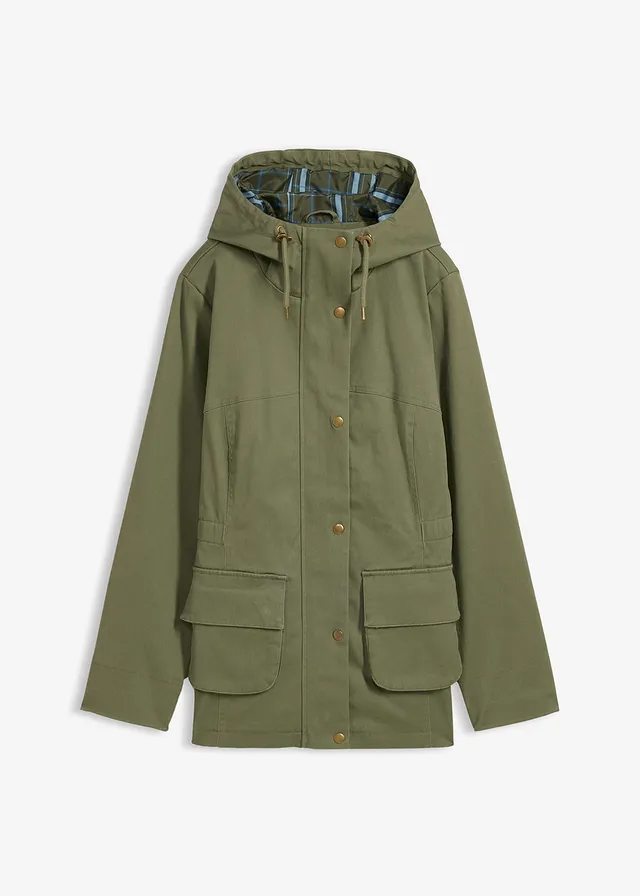 Waterafstotende jas met geruite voering, Kleur: olijfgroen