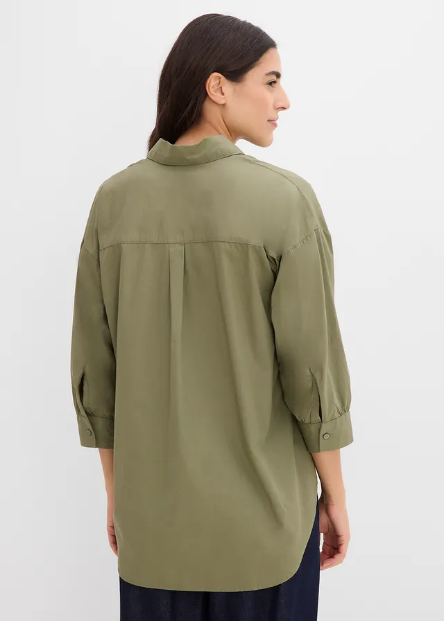 Oversized blouse van katoen met 3/4 mouwen, Kleur: olijfgroen