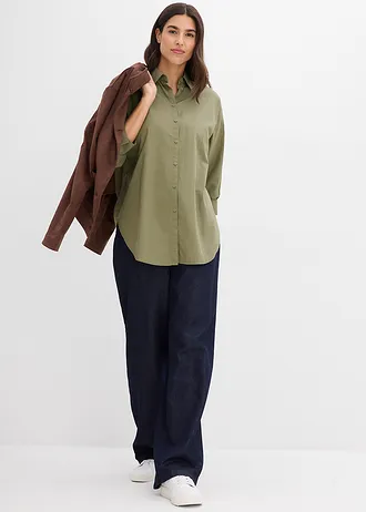 Oversized blouse van katoen met 3/4 mouwen, Kleur: olijfgroen