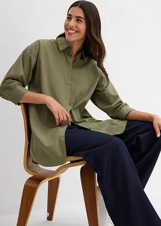 Oversized blouse van katoen met 3/4 mouwen • olijfgroen • bonprix online shop