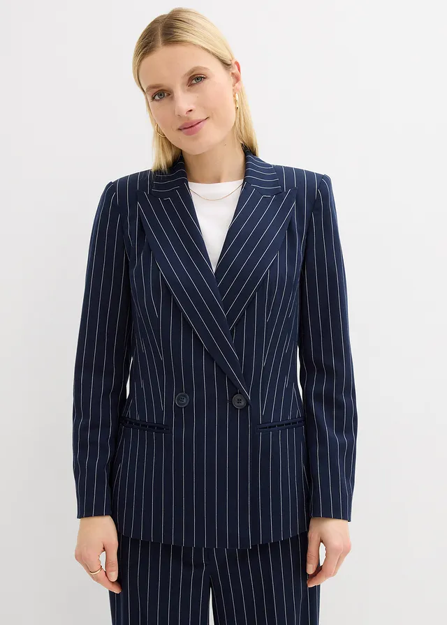 Blazer met krijtstreep, Kleur: donkerblauw/wolwit gestreept