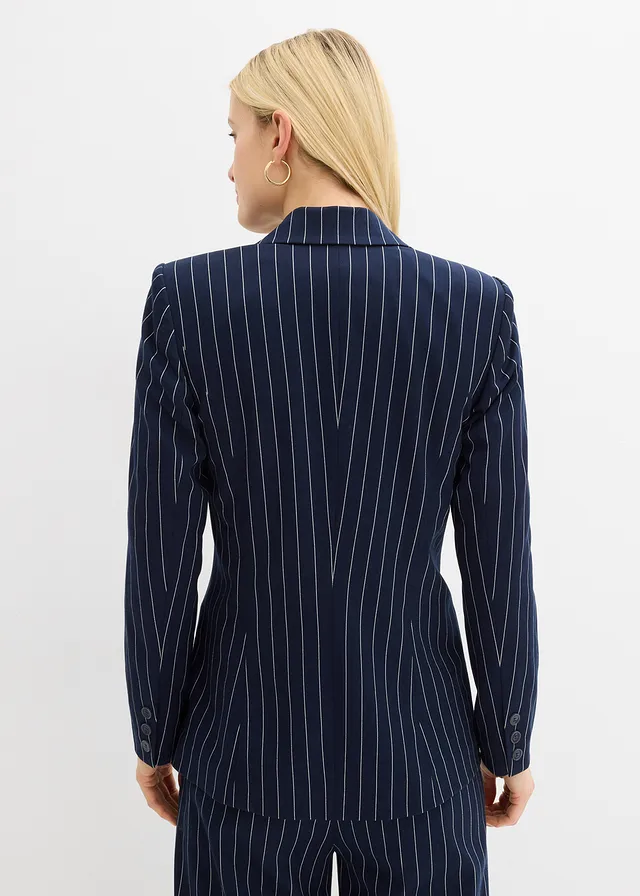 Blazer met krijtstreep, Kleur: donkerblauw/wolwit gestreept