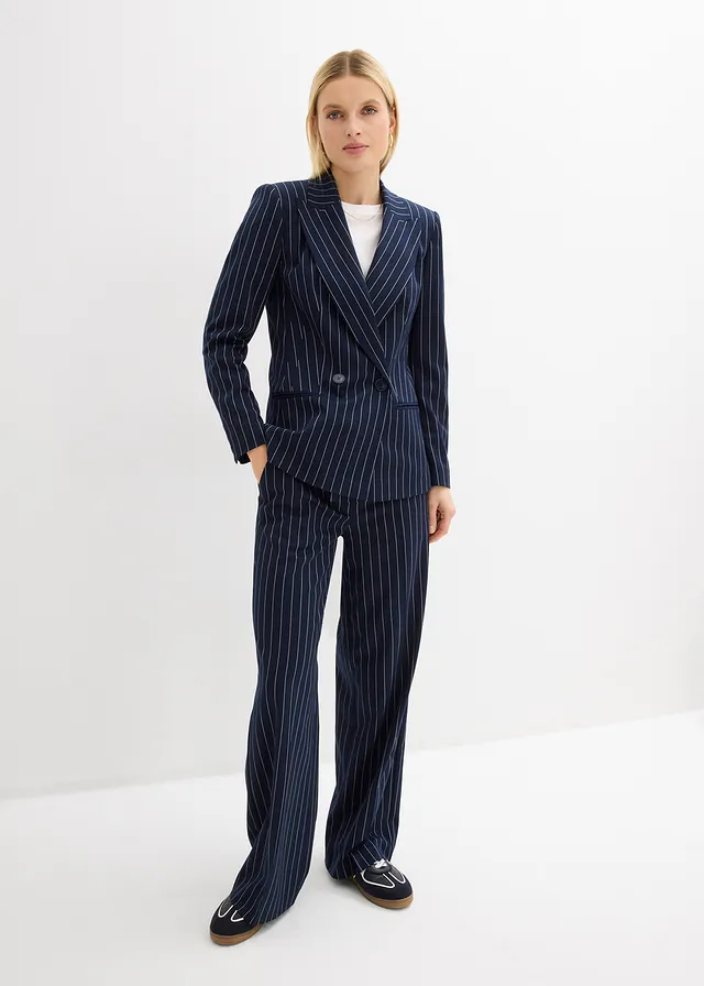 Blazer met krijtstreep, Kleur: donkerblauw/wolwit gestreept