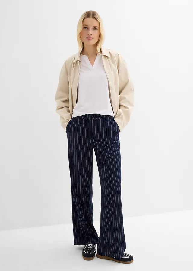 Bluză cu margine din satin bleumarin-ecru cu dungi