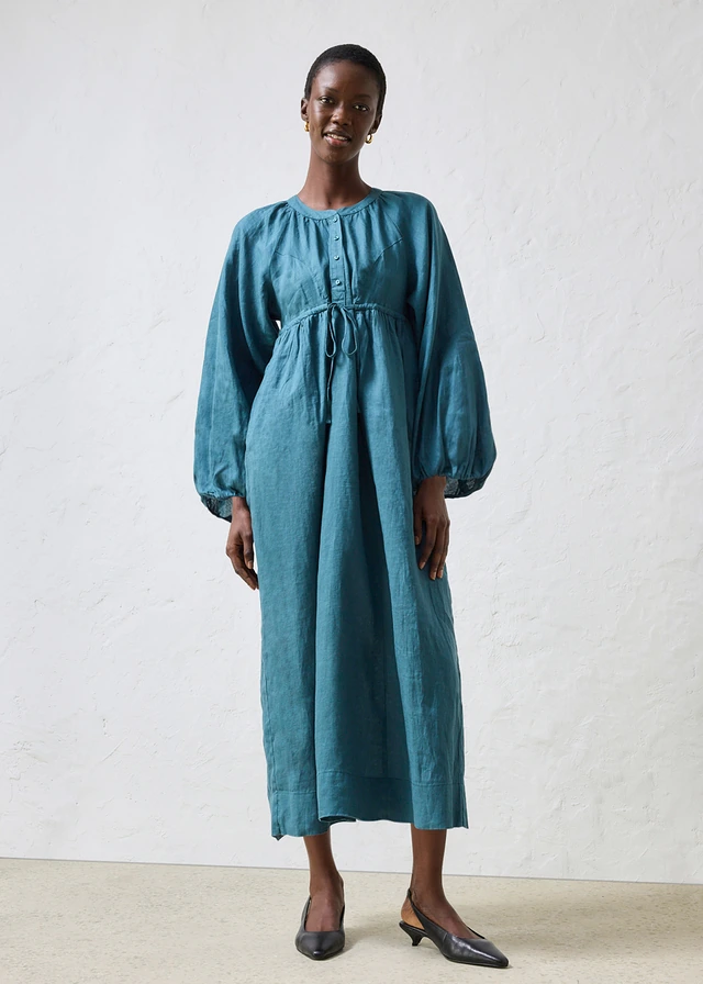 Robe longue 100% lin, Couleur: vert poivre