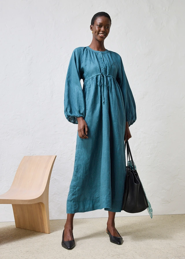 Robe longue 100% lin, Couleur: vert poivre