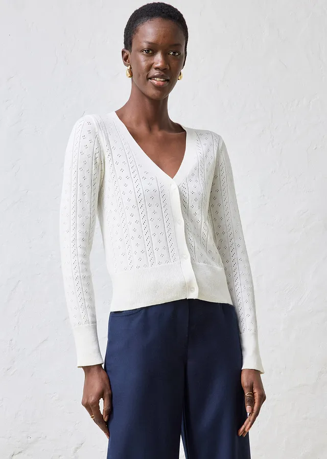 Gilet en maille ajourée coton et soie, Couleur: blanc