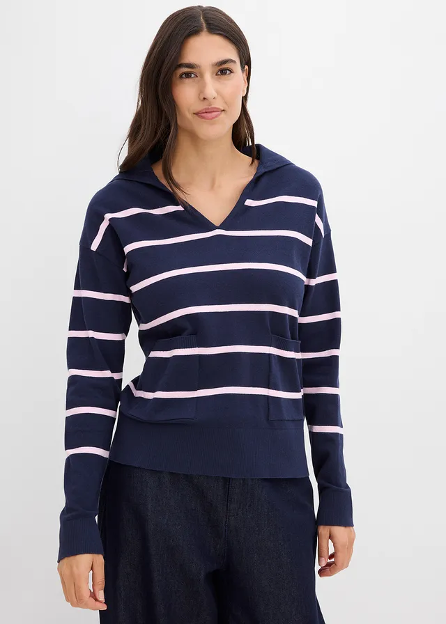Fijn gebreide polotrui, Kleur: donkerblauw-kristalroze gestreept