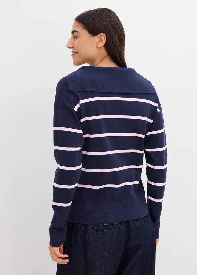 Pull polo en fine maille, Couleur: bleu foncé-rose cristal rayé