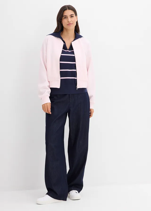 Pull polo en fine maille, Couleur: bleu foncé-rose cristal rayé