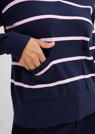 Cienki sweter polo • ciemnoniebieski-jasnoróżowy kryształowy w paski • sklep bonprix