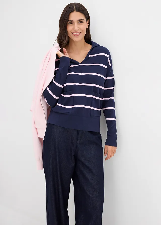 Pull polo en fine maille • bleu foncé-rose cristal rayé • product-page.page-title-suffix