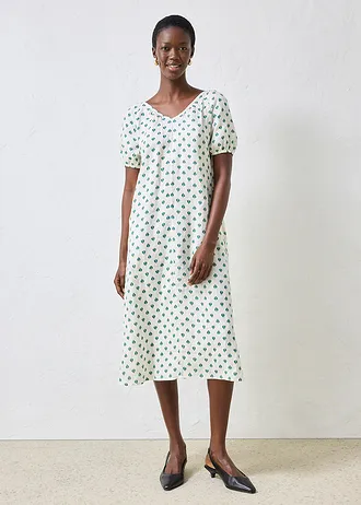 Rochie din in 100%, culoare: alb-crem-verde-piper cu imprimeu