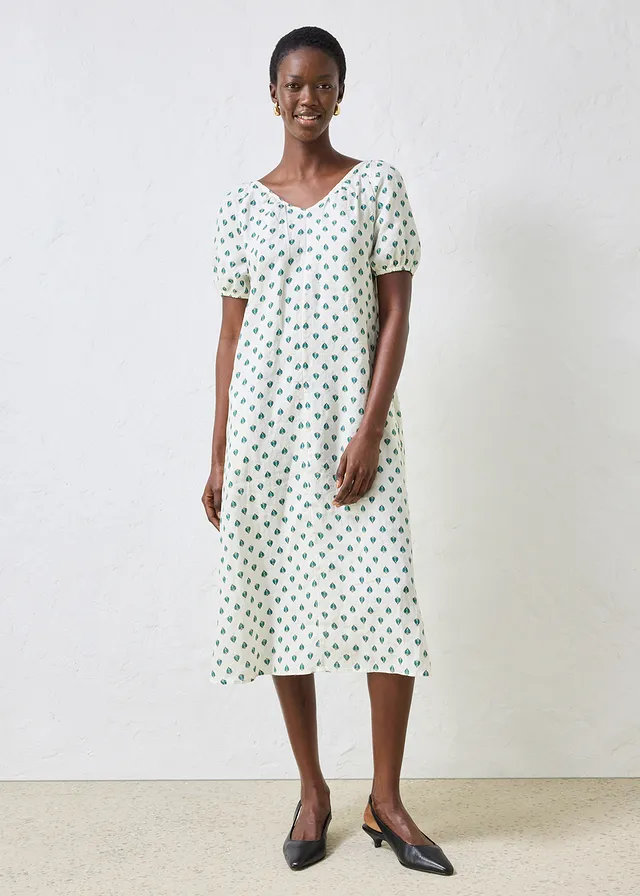 Robe 100% lin, Couleur: crème-vert poivre imprimé