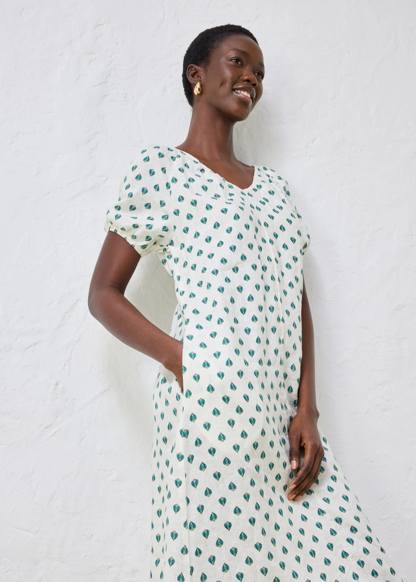 Jurk van puur linnen • crèmewit-pepergroen met print • bonprix online shop