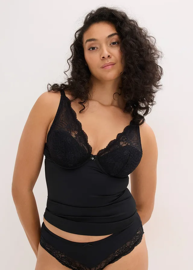 Top soutien-gorge sculptant à coques et dentelle, maintien modéré, Couleur: noir
